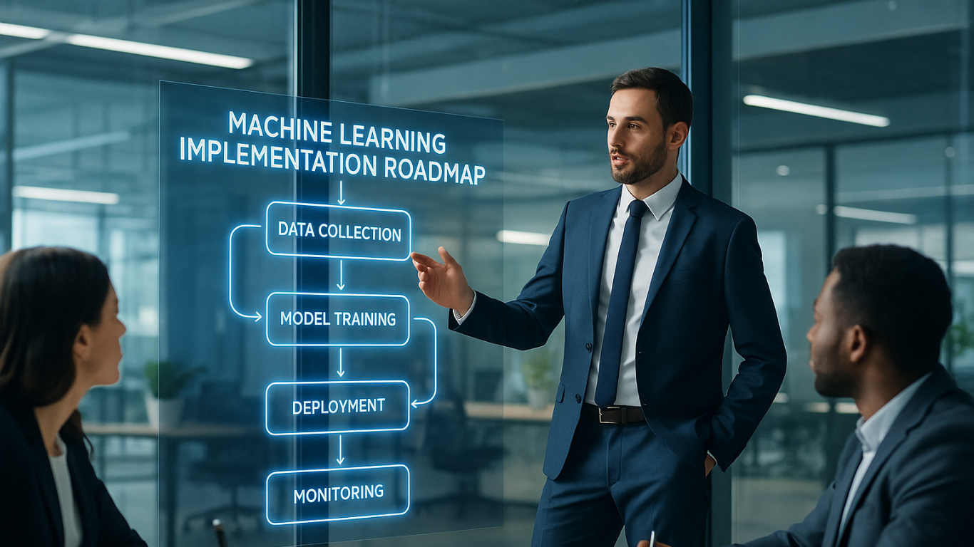 Machine Learning Implementation Roadmap visualization showing data flow and business transformation